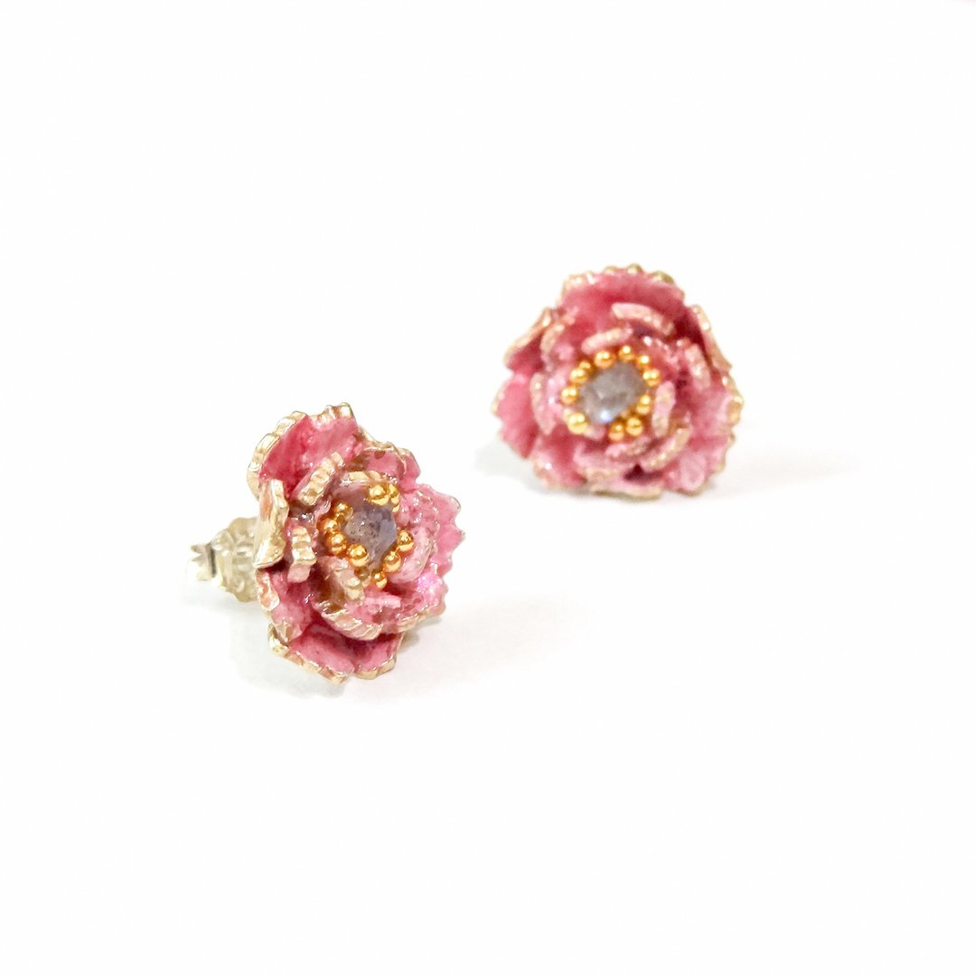 花开富贵牡丹花耳环 天然石饰品 拉长石/石榴石 珐琅手工饰品预购 - 耳环/耳夹 - 珐琅 