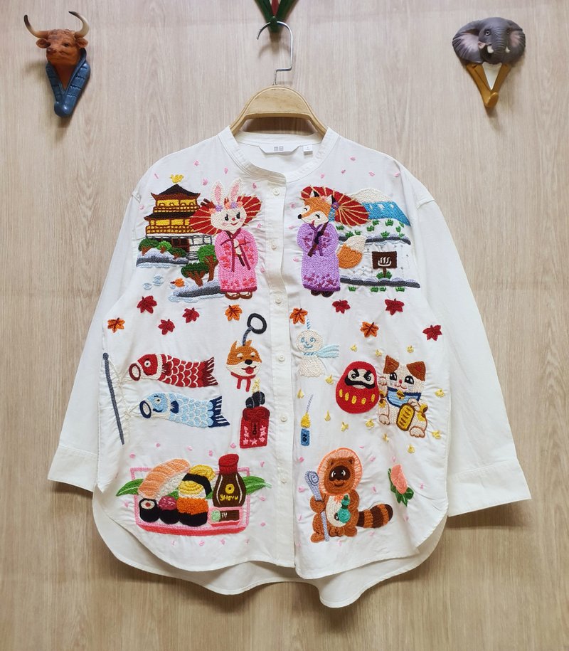 手工刺绣开衫-棉、日游、富士山、樱花、狐狸、兔 - 女装休闲/机能外套 - 绣线 白色