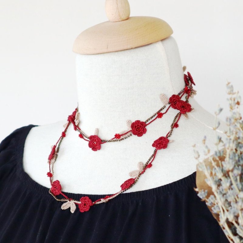 90厘米蕾丝编织长项链【玛莉】酒红色 - 项链 - 绣线 红色