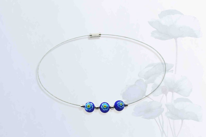 花影琉璃   圆珠 (深蓝) - 项链 - 琉璃 白色