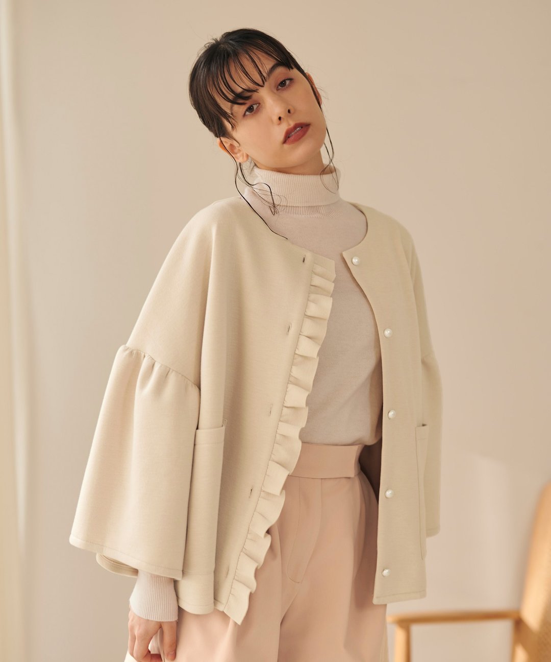 Collarless Frill Jacket lieulien - 女装休闲/机能外套 - 棉 黑色