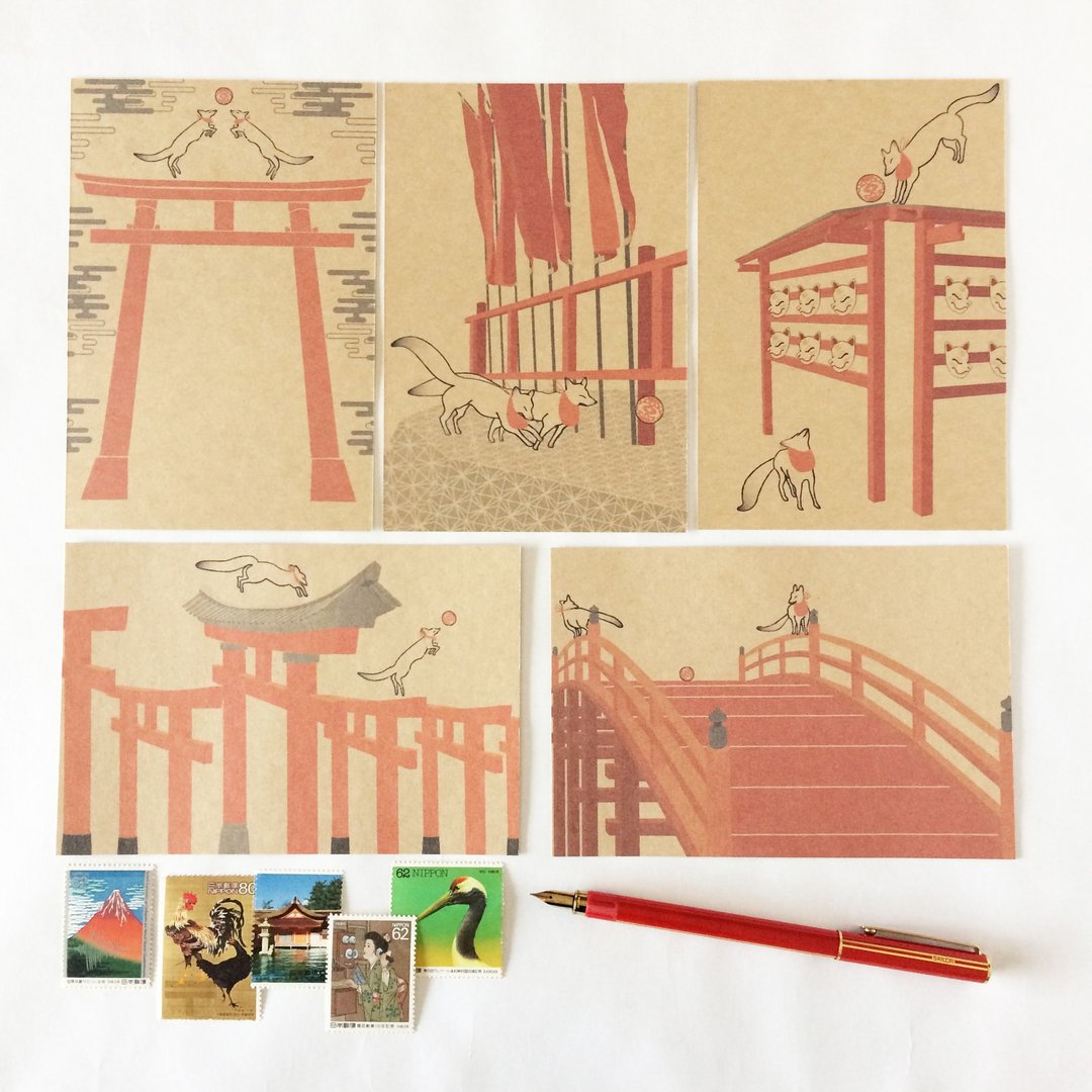 狐狸手鞠歌 明信片五张组 稻荷神社 鸟居 日本 和风 云 动物 狐狸娶亲 面具 信件 - 卡片/明信片 - 纸 咖啡色