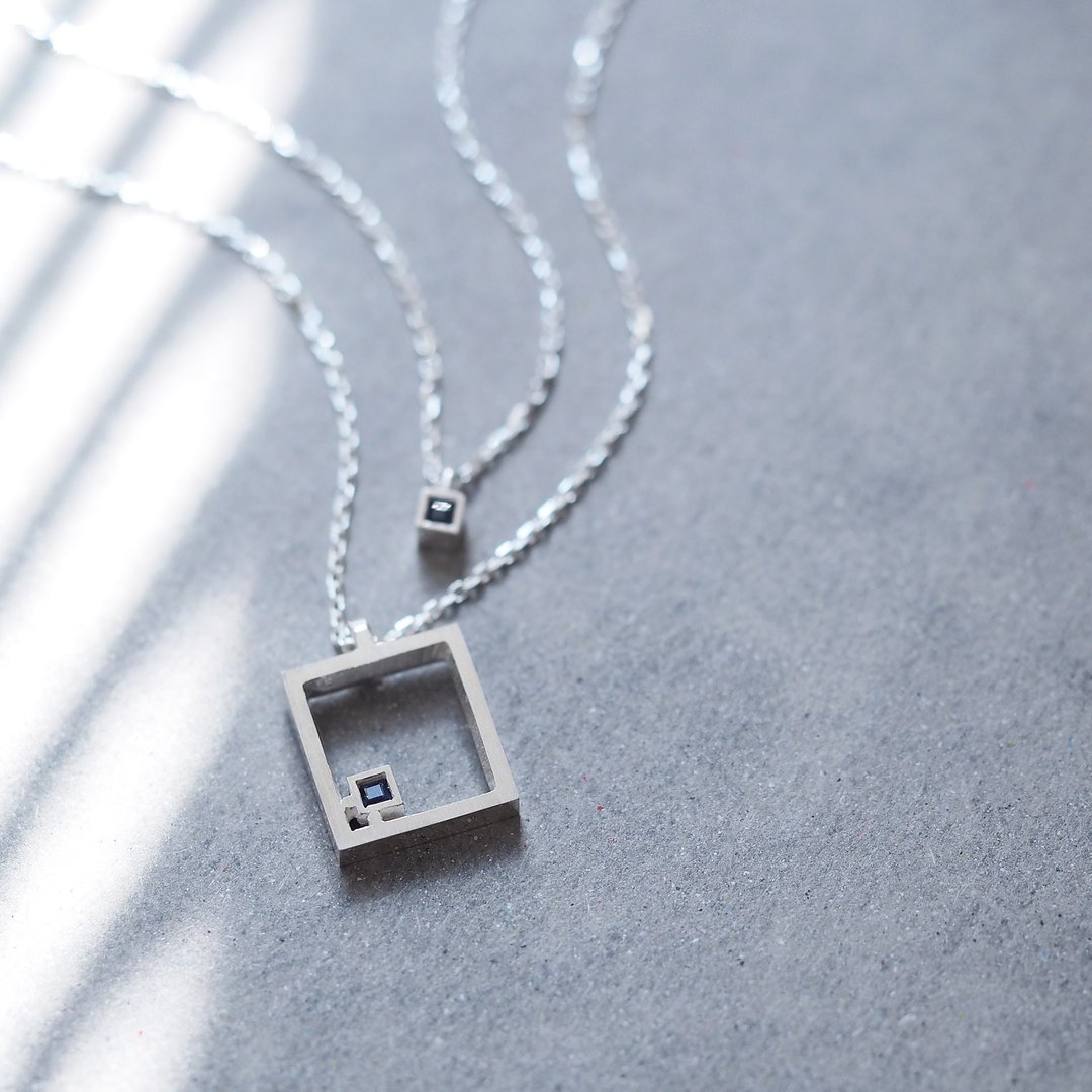 2 pieces set) Natural sapphire square pair necklace Silver 925 - 项链 - 其他金属 蓝色