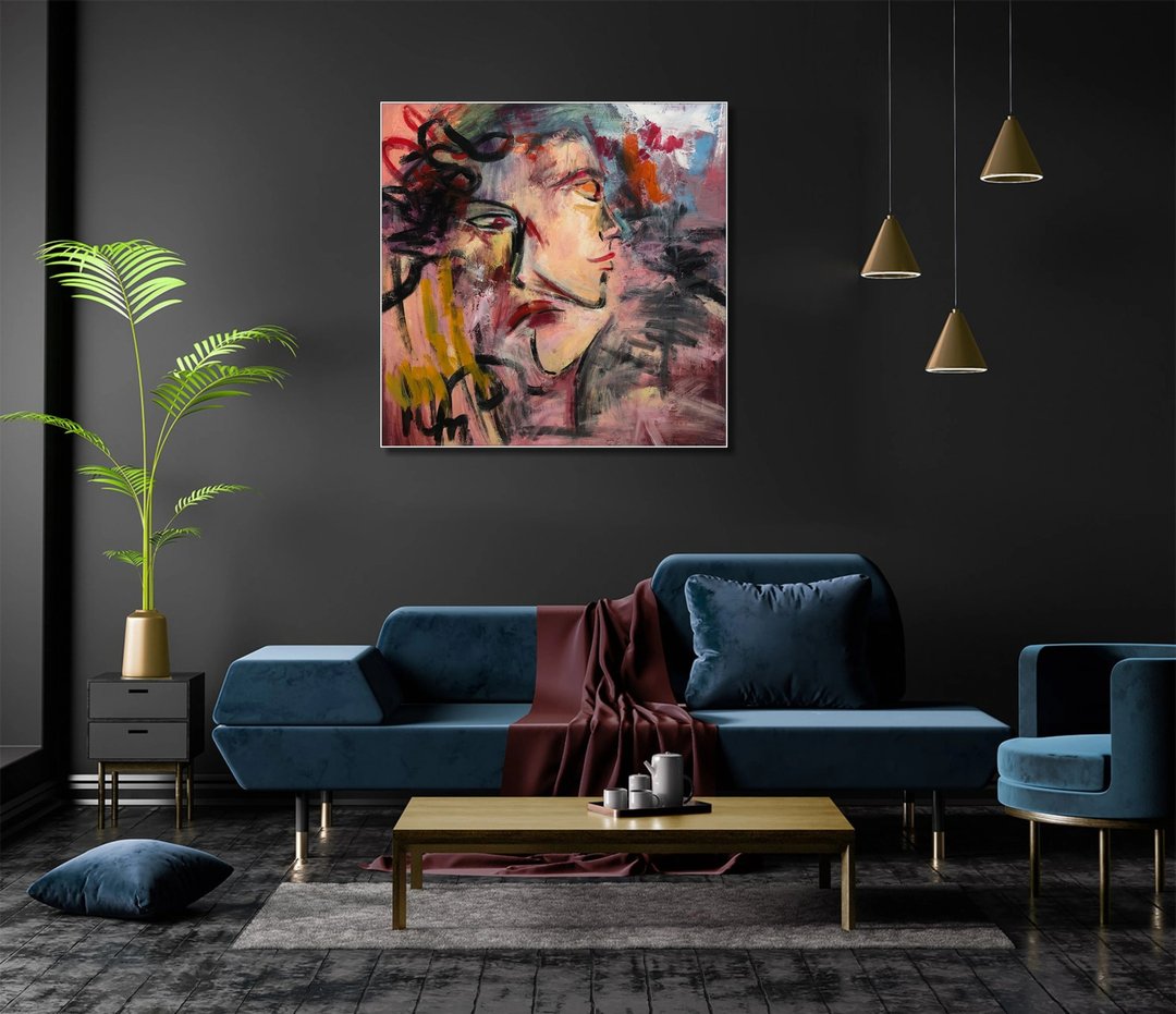现代抽像人物肖像画布 | 鲜艳的粉红与红色挂画 - 墙贴/壁贴 - 压克力 多色