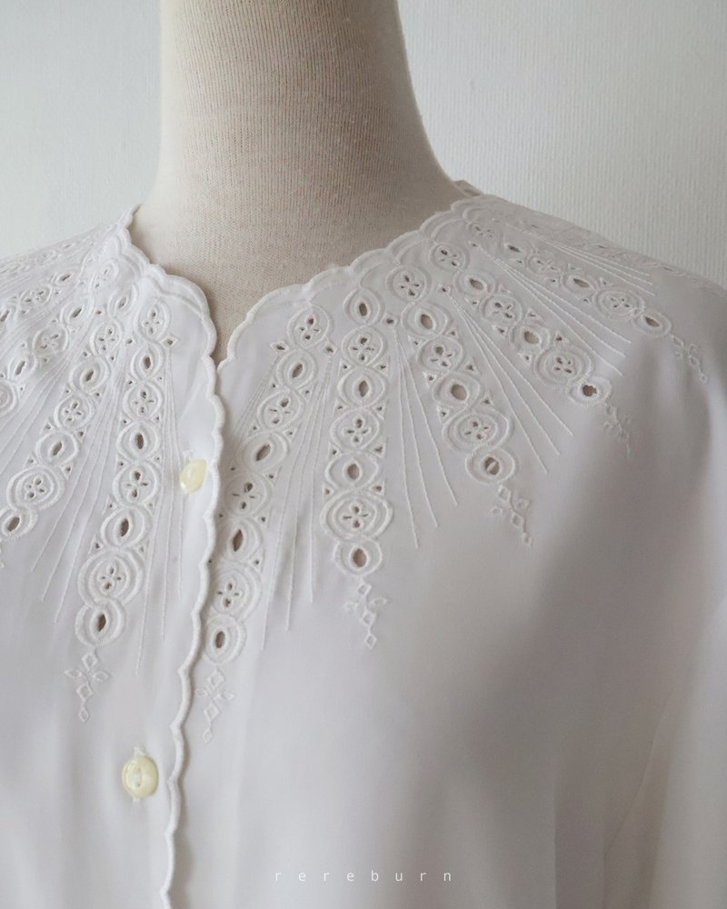 复古几何刺绣领宽松欧美版型长袖白色古着衬衫 - 女装衬衫 - 聚酯纤维 白色