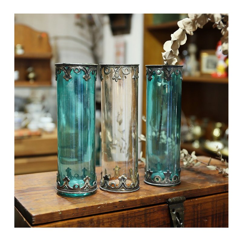 英国老件.早期手打镀银金属饰边玻璃花器.橘色、青绿色.彩色玻璃 - 花瓶/陶器 - 玻璃 