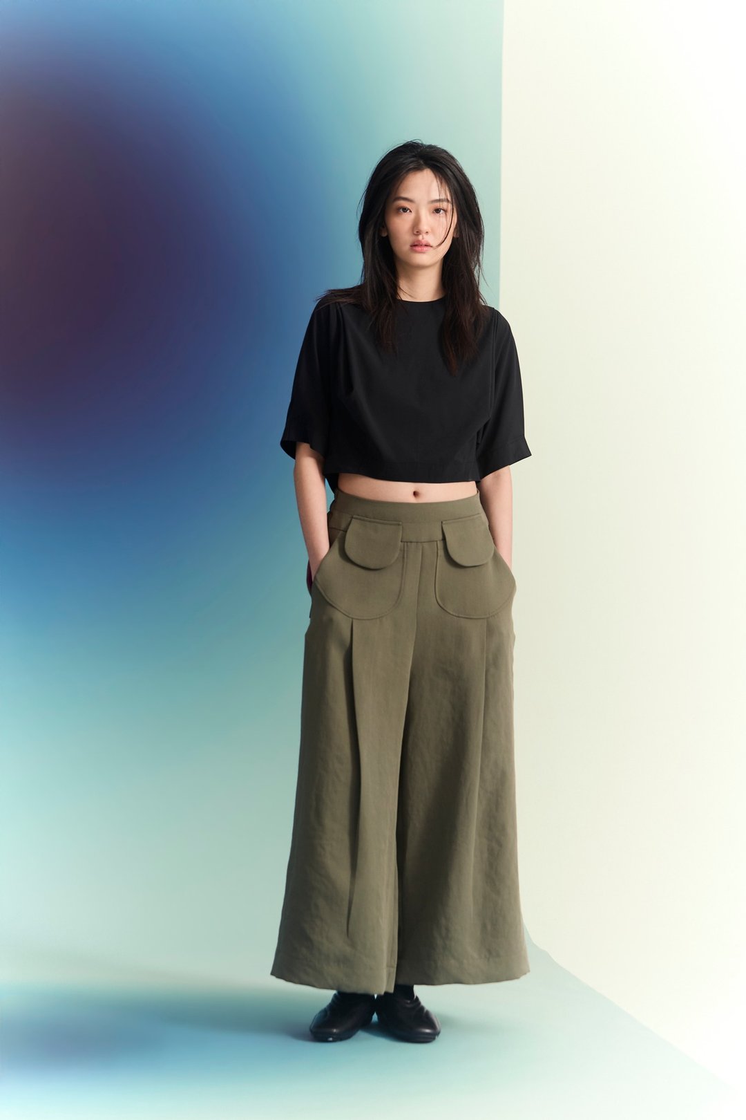 圆圆口袋长宽裤 - 女装长裤 - 聚酯纤维 绿色