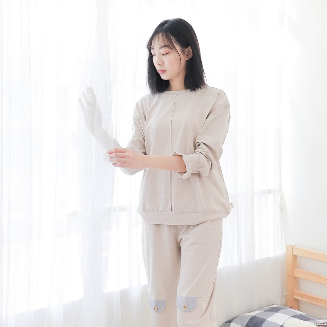 MIT有机棉公主袖长袖居家服-麻花卡其 - 居家服/睡衣 - 棉 卡其色