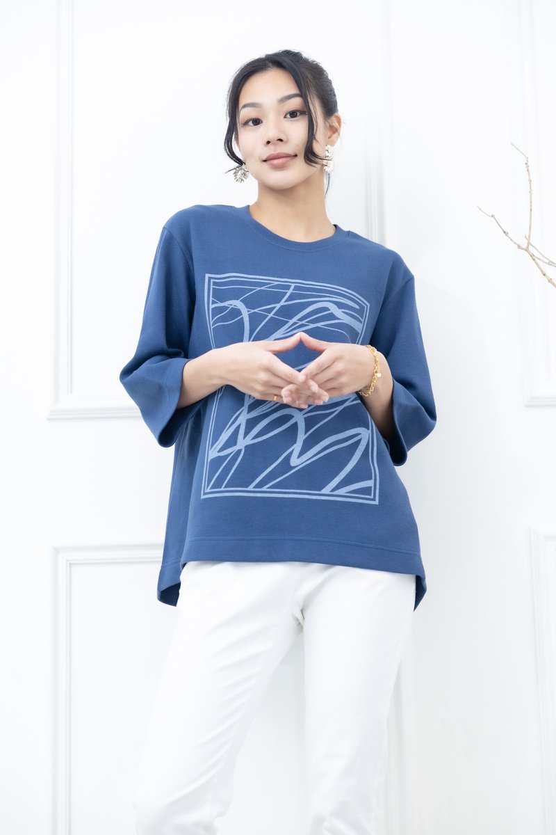 方框艺术线条厚磅上衣 蓝色 - 女装上衣 - 其他材质 蓝色