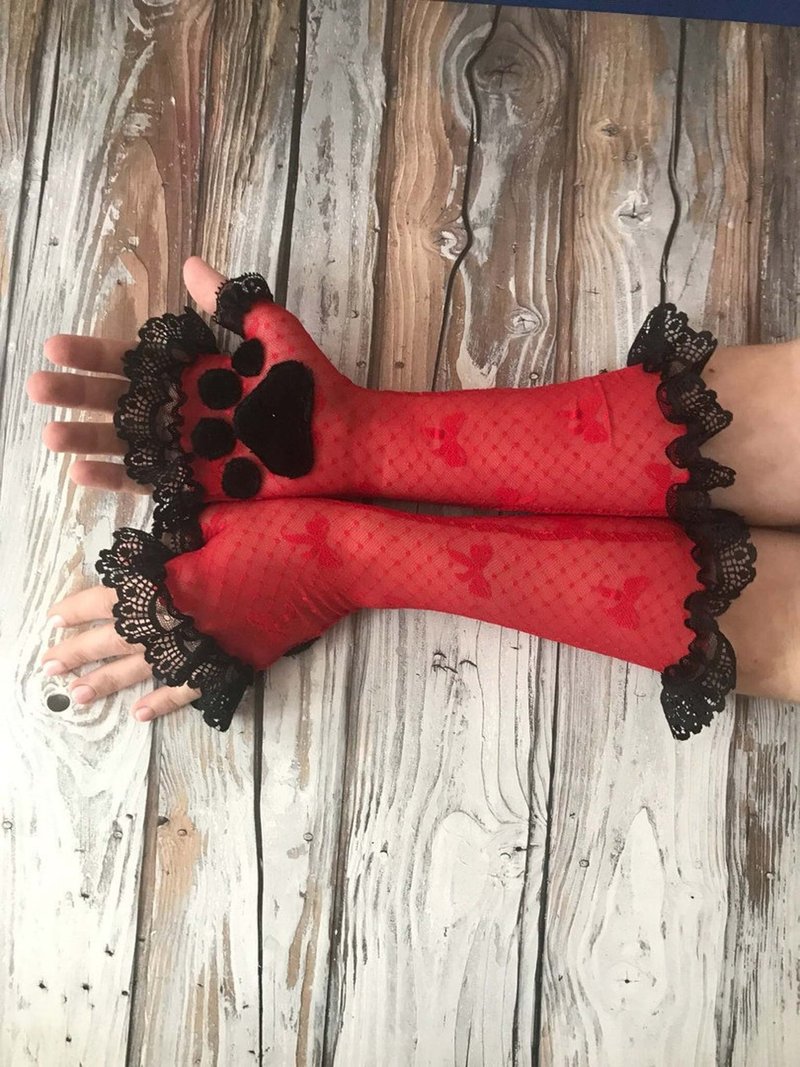 Red Paws Lace Mittens Catzo Mittens - 手套 - 其他人造纤维 黑色