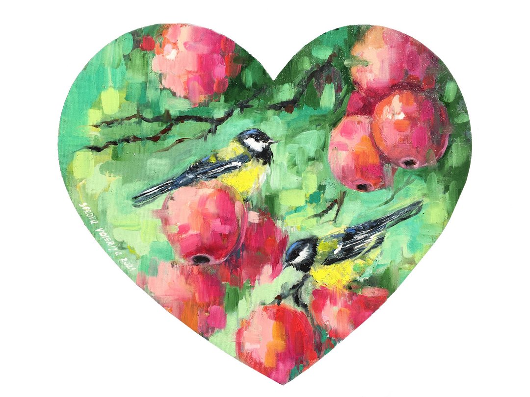 Pair Birds Oil Painting On Canvas apple love couple Birds He - 摆饰 - 其他材质 红色
