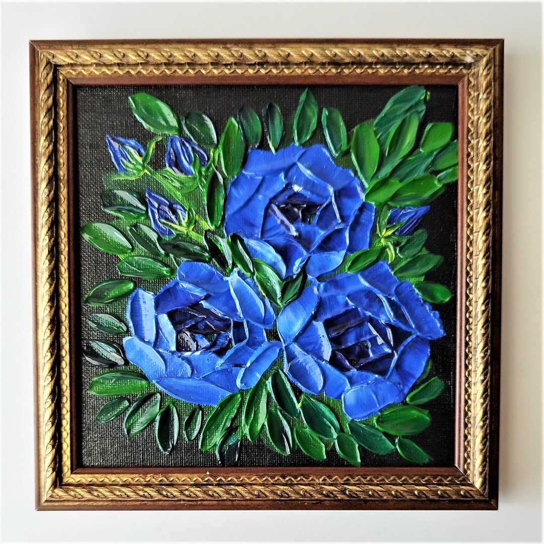 手工制作的蓝玫瑰压克力画：纹理玫瑰花艺术品 - 墙贴/壁贴 - 压克力 蓝色