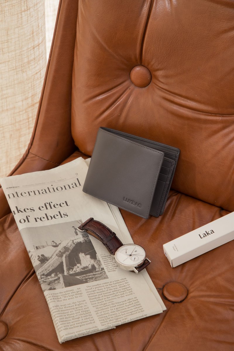 Lukbag Studio真皮短夹|平纹皮两折短夹|石墨灰【快速出货】 - 皮夹/钱包 - 真皮 灰色