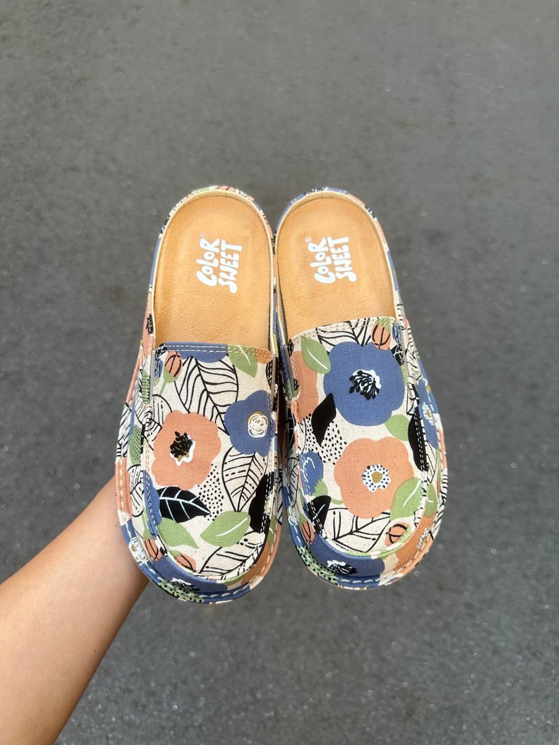 穆勒系列-粉绿花 - 女款休闲鞋 - 棉．麻 粉红色