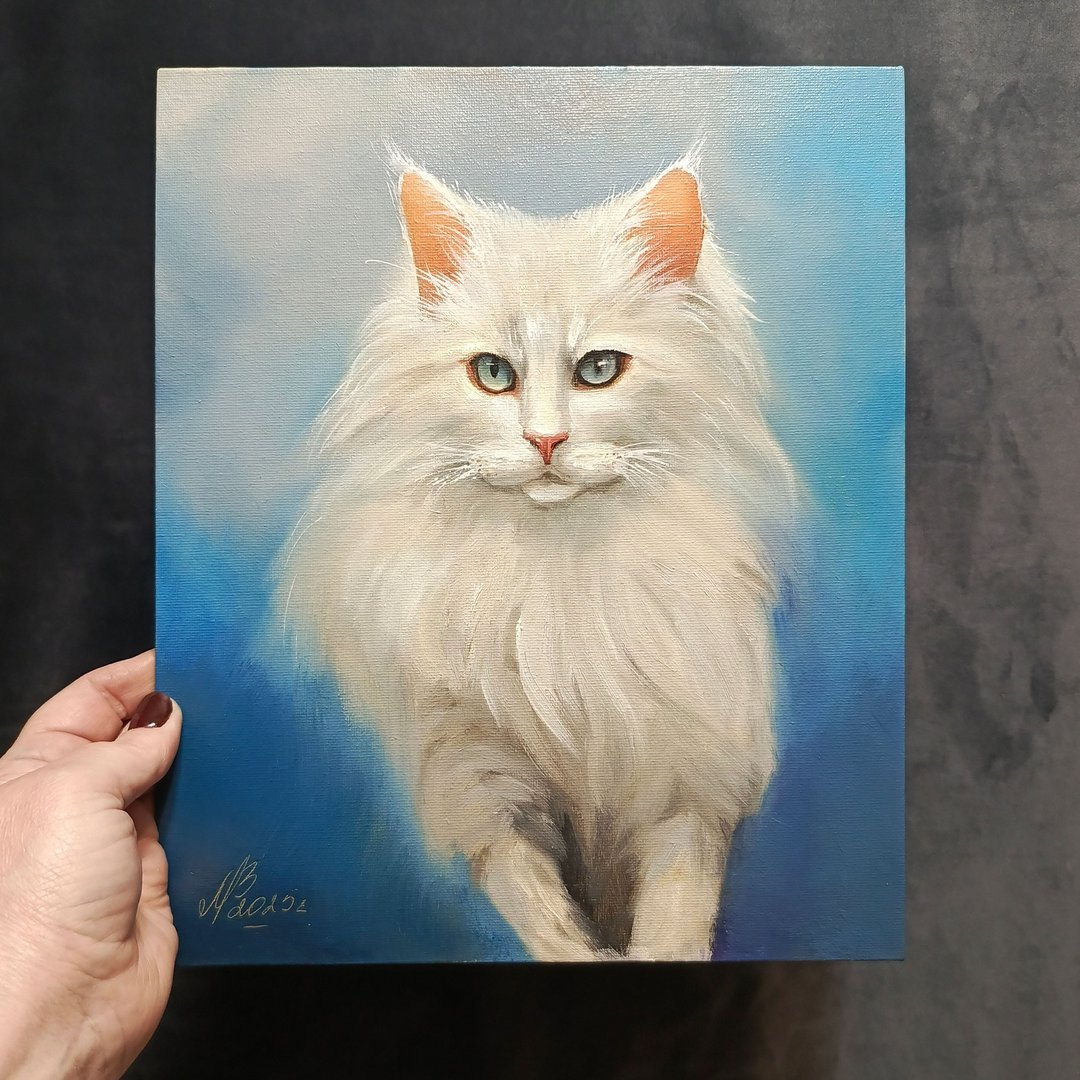 白猫的肖像。 30x25厘米。 油画。 猫画。 - 海报/装饰画/版画 - 棉 白色