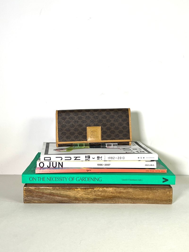 Celine啡色老花早期口金卡片套钱包长夹小手袋 日出中古二手 - 皮夹/钱包 - 真皮 咖啡色