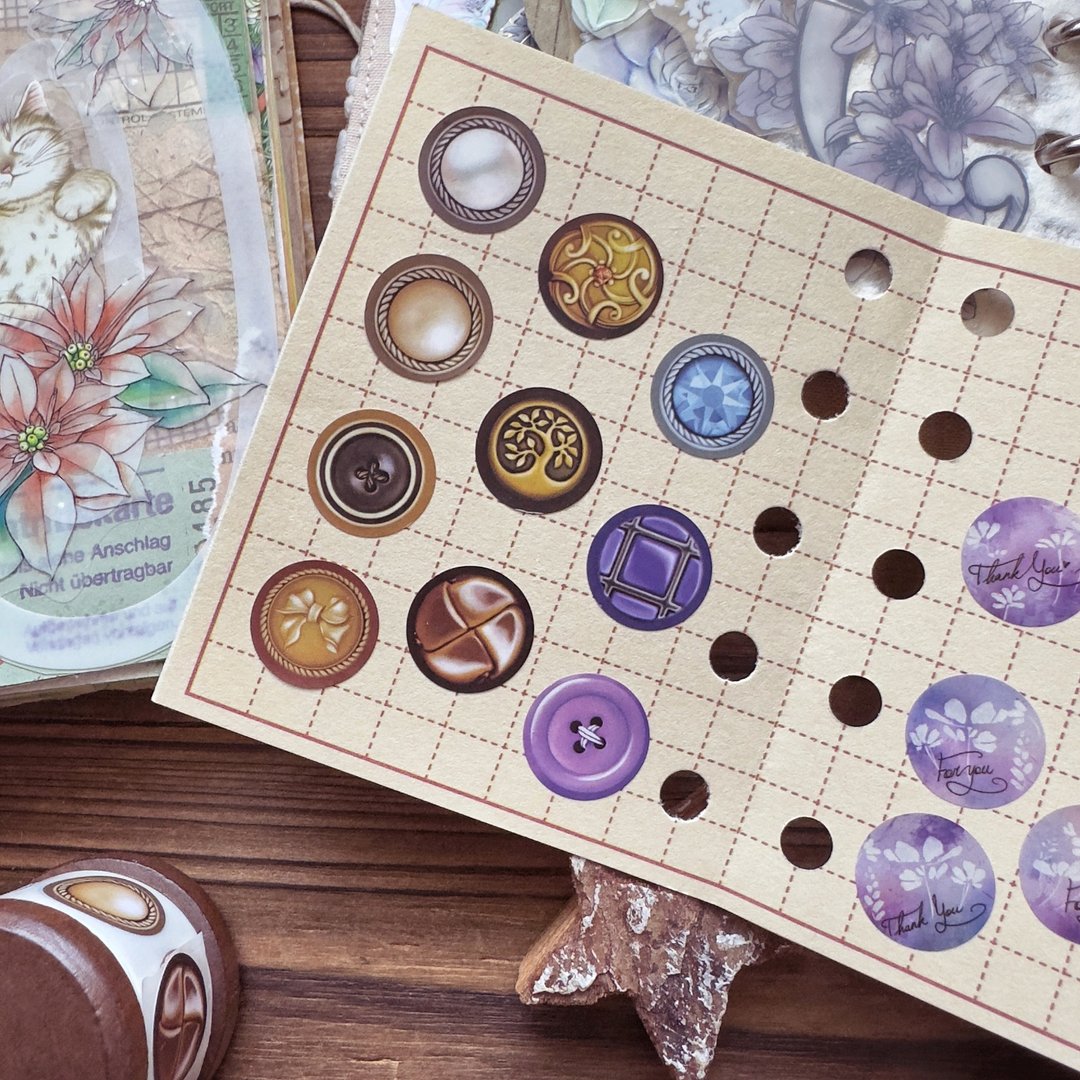 New/ 复古钮扣 / 标签贴纸 vintage buttons label sticker - 纸胶带 - 纸 紫色
