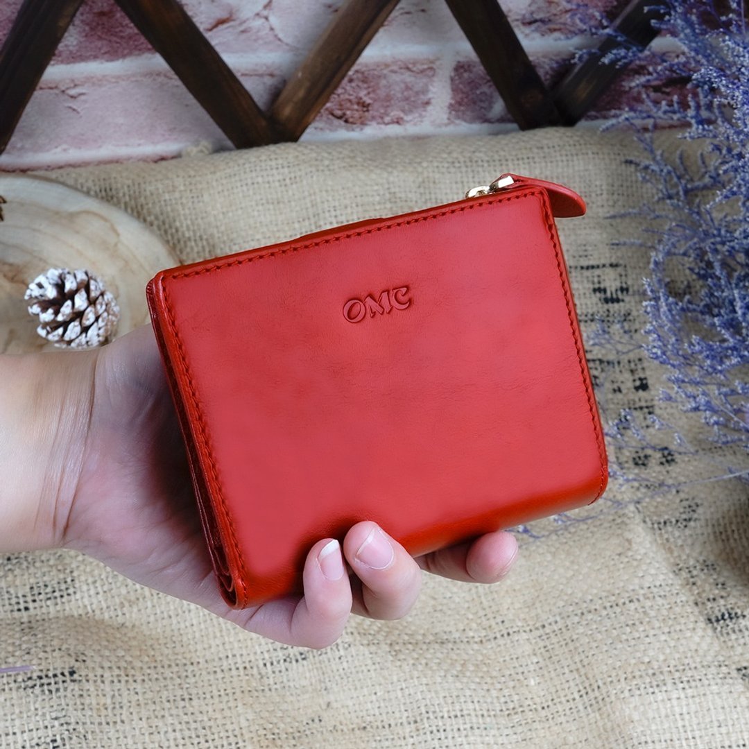 意大利植鞣革活页舌扣零钱袋牛皮短夹95161(红色) - 皮夹/钱包 - 真皮 红色