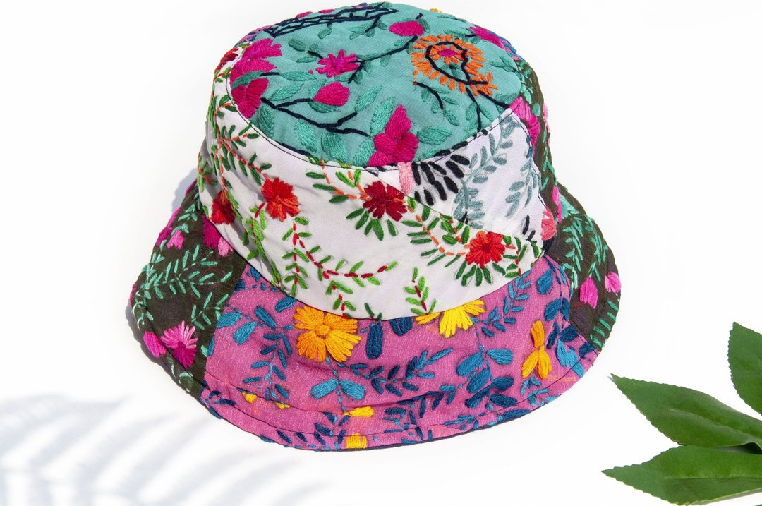 手工刺绣印度丝绸帽 渔夫帽 遮阳帽 登山帽 草编帽-热带花朵植物 - 帽子 - 棉 多色
