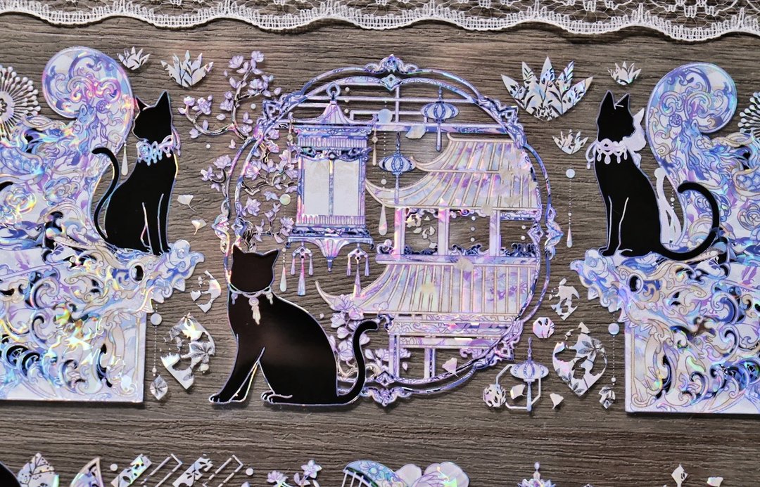 明 黒猫 東方古風 PET 紙膠帶 貝殼光 / 割型貼紙卷 星光膜 - 纸胶带 - 其他材质 紫色