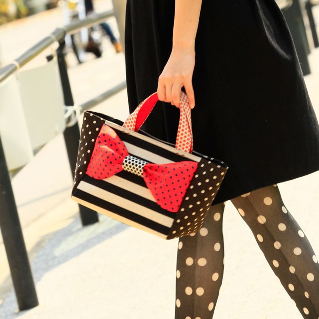Ribbon Tote Bag Love Comedy S尺寸 橘色圆点条纹边缘 肩背包 - 侧背包/斜挎包 - 棉．麻 橘色