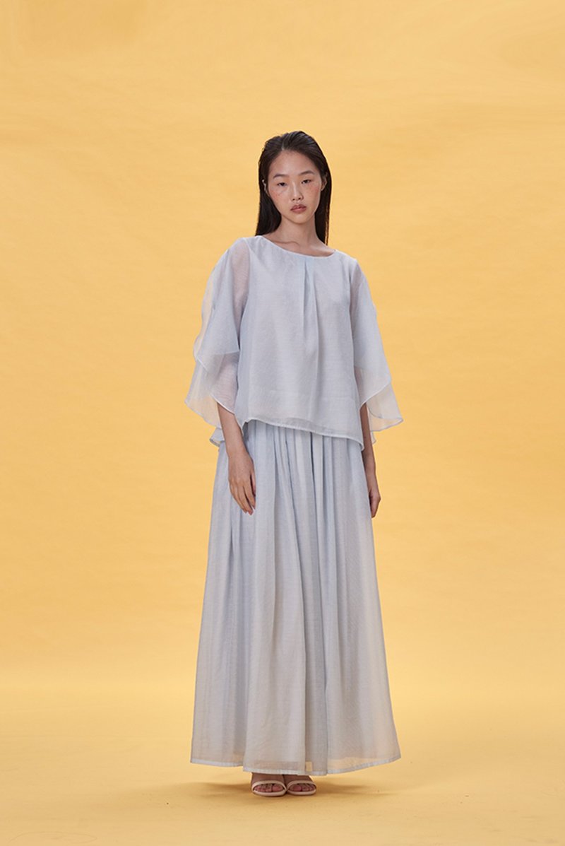 水蓝细格雪纺长裙 - 裙子 - 聚酯纤维 蓝色