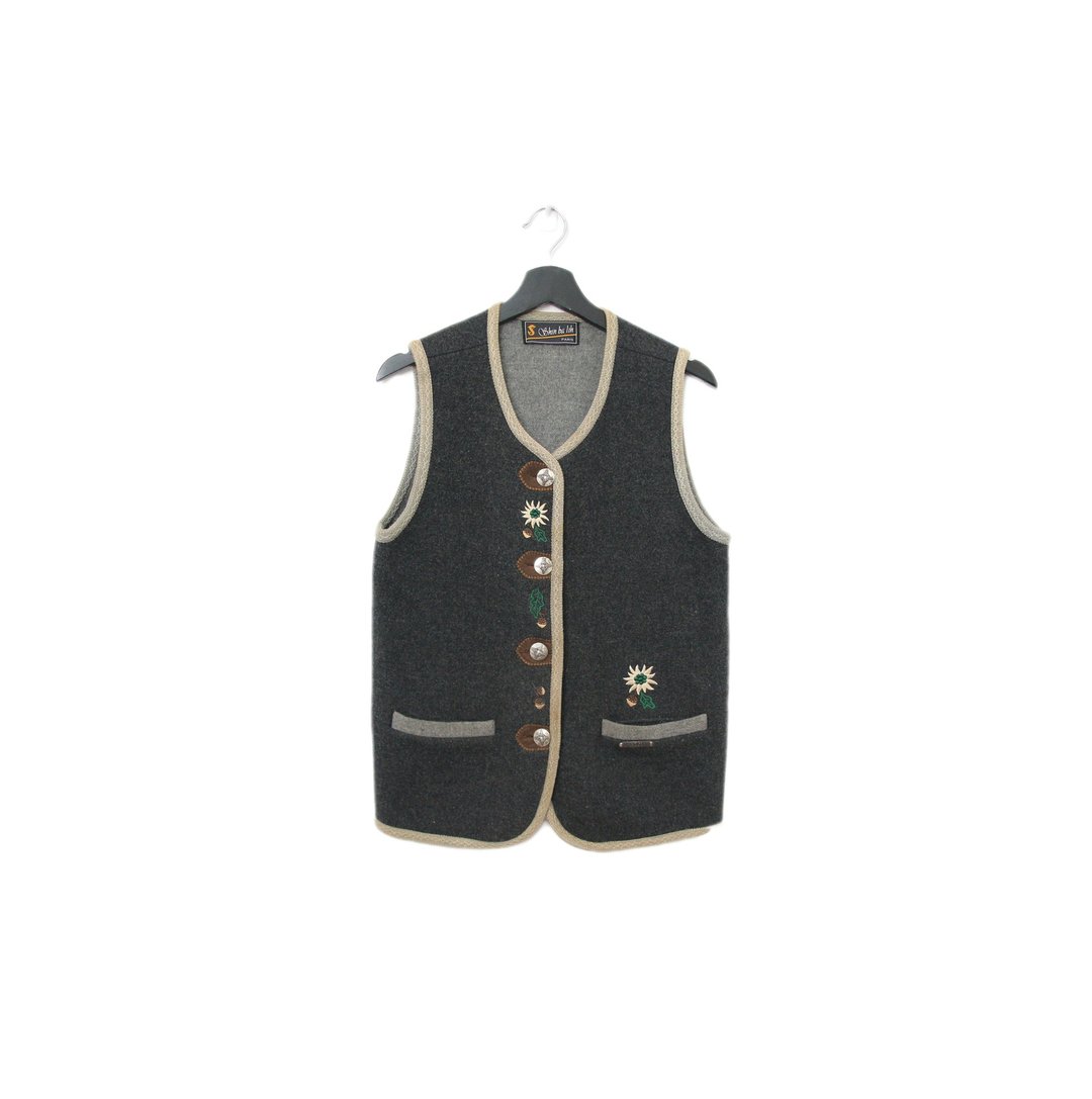 Back to Green-复古毛料背心 深灰 刺绣花 v-44/sweater vest - 女装背心 - 羊毛 