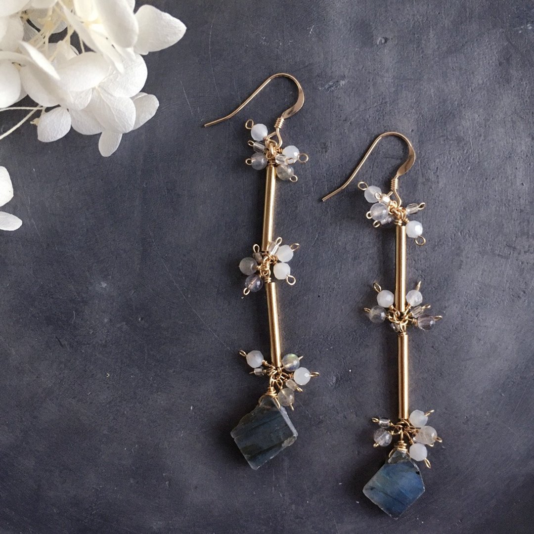 14kgf Labradorite and Moonstone Shaking Tube Earrings OR Painless Brass Ear Clips nzm-201 Ear Needles / Ear Ears - 耳环/耳夹 - 宝石 灰色