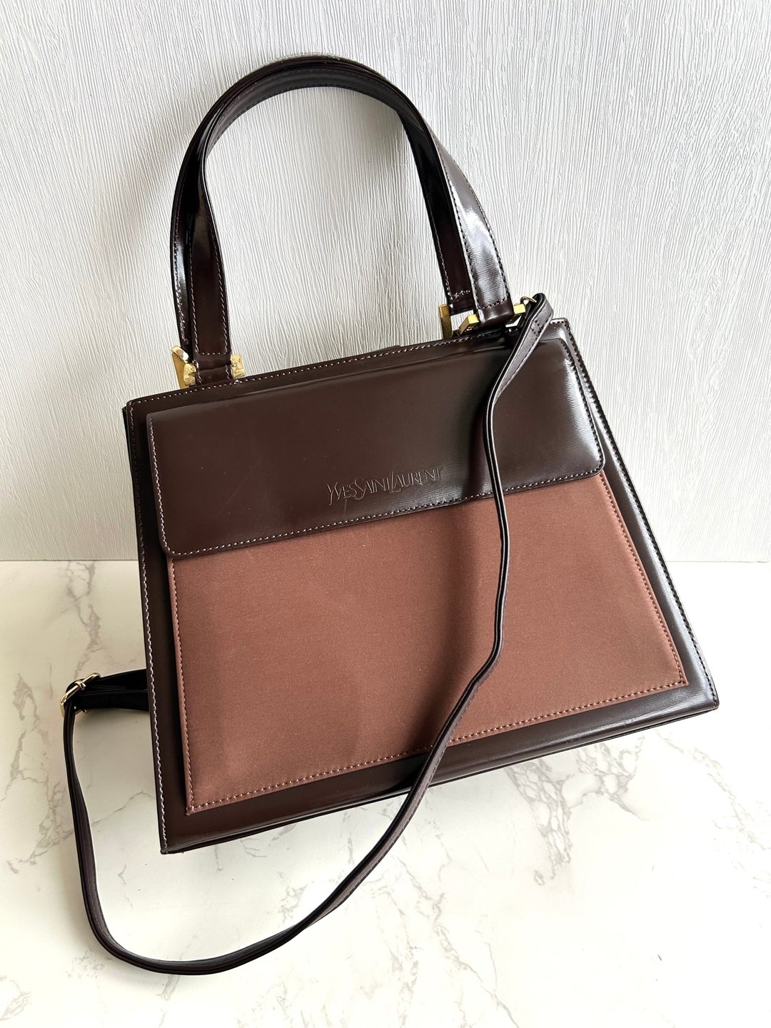 中古包 YSL Saint Laurent 拼色皮革凯莉包 斜背包 单肩包 侧背包 - 侧背包/斜挎包 - 真皮 咖啡色