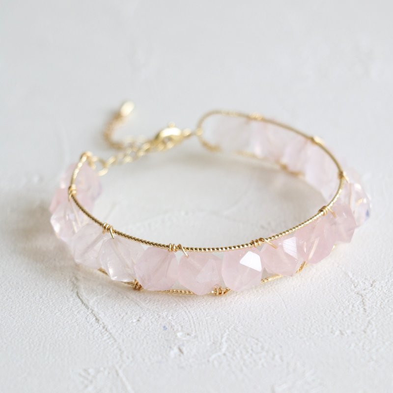 粉晶金属线手环手镯 天然石手工铜线绕线手镯 手工编织手环 - 手链/手环 - 宝石 粉红色