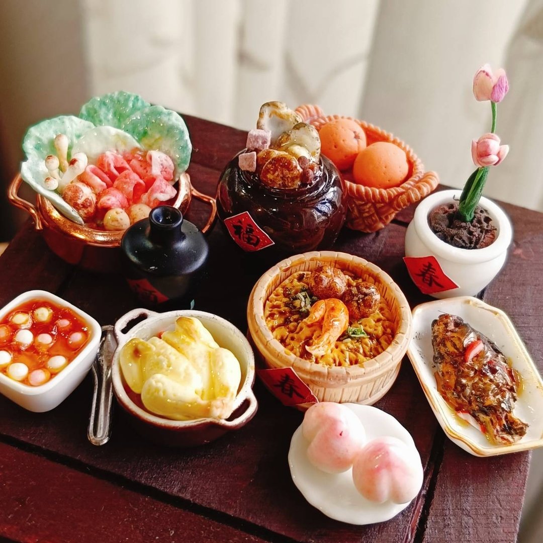 桌菜 新年 佛跳墙 鸡 火锅 鱼 油饭 桌菜 袖珍 手作 迷你 食玩 - 摆饰 - 粘土 