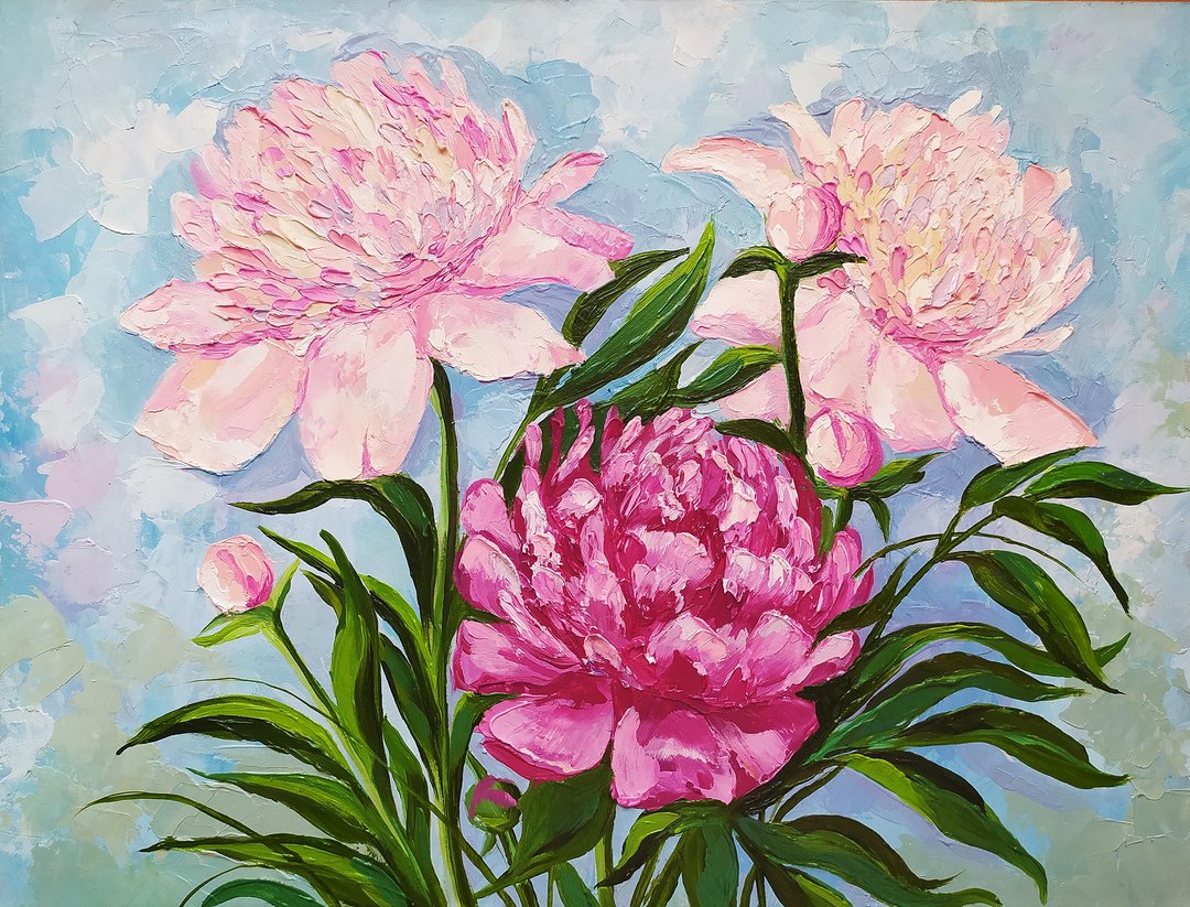 绘画牡丹花束油画 impasto 静物 原创艺术 - 墙贴/壁贴 - 其他材质 粉红色