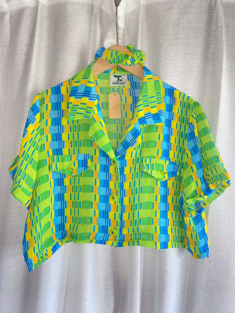 纯情百货行 Vintage 改制 古着短版上衣  LS039 夏日刨冰短版衬衫 - 女装衬衫 - 聚酯纤维 绿色