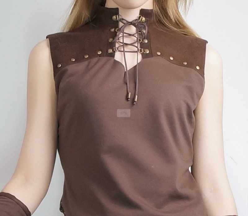 蒸汽朋克 领口穿绳绑带 铆钉 纯棉针织 立领直筒 无袖上衣T恤 - 中性连帽卫衣/T 恤 - 羊毛 咖啡色