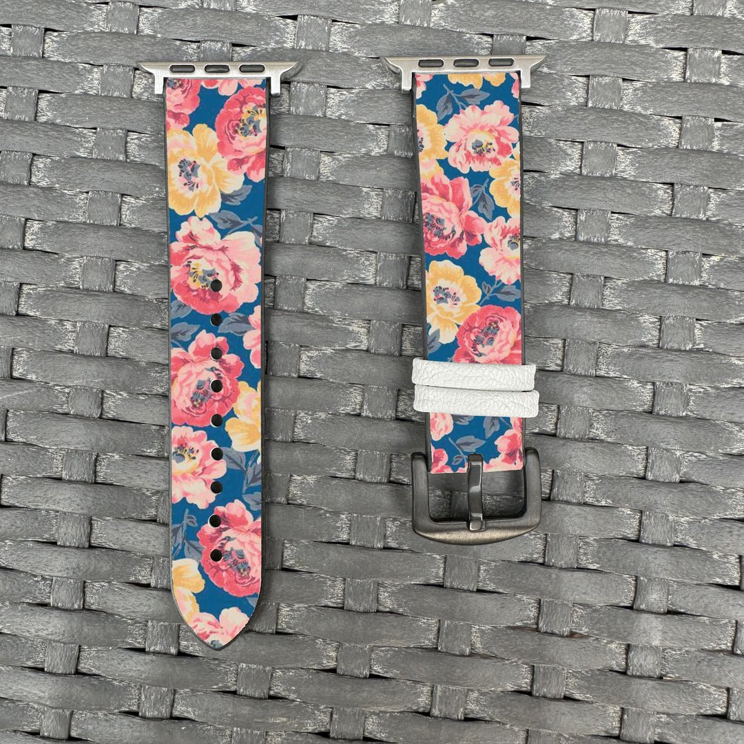 怀旧鲜花花纹蓝色 Apple Watch 潮流硅胶表带 - f003 - 表带 - 硅胶 多色