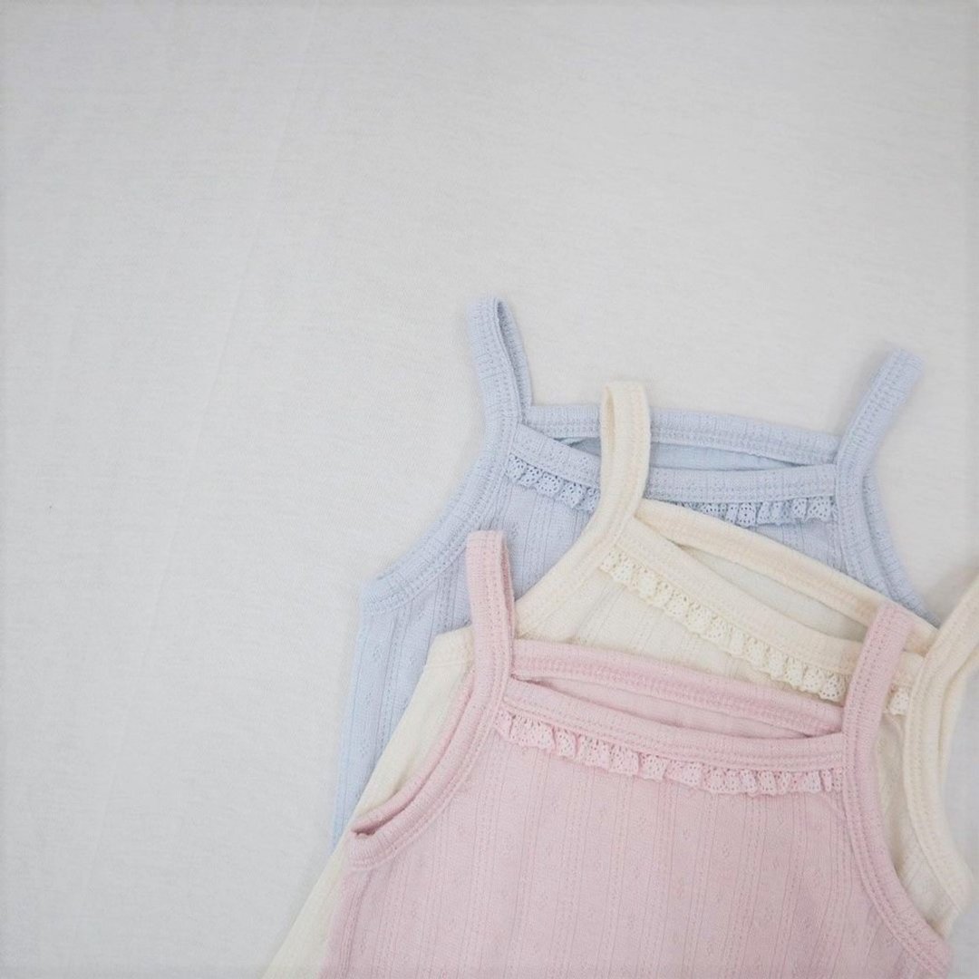 韩国pastel粉彩细肩带蕾丝领口弹力舒适居家服套装 Margaret Set - 童装上衣 - 其他材质 