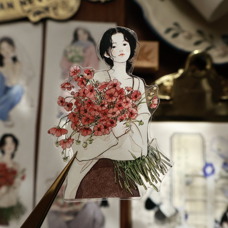 壹洱文創第14期新品【元氣甜妹】甜美人物切模和紙膠帶素材貼紙 - 纸胶带 - 其他材质 红色