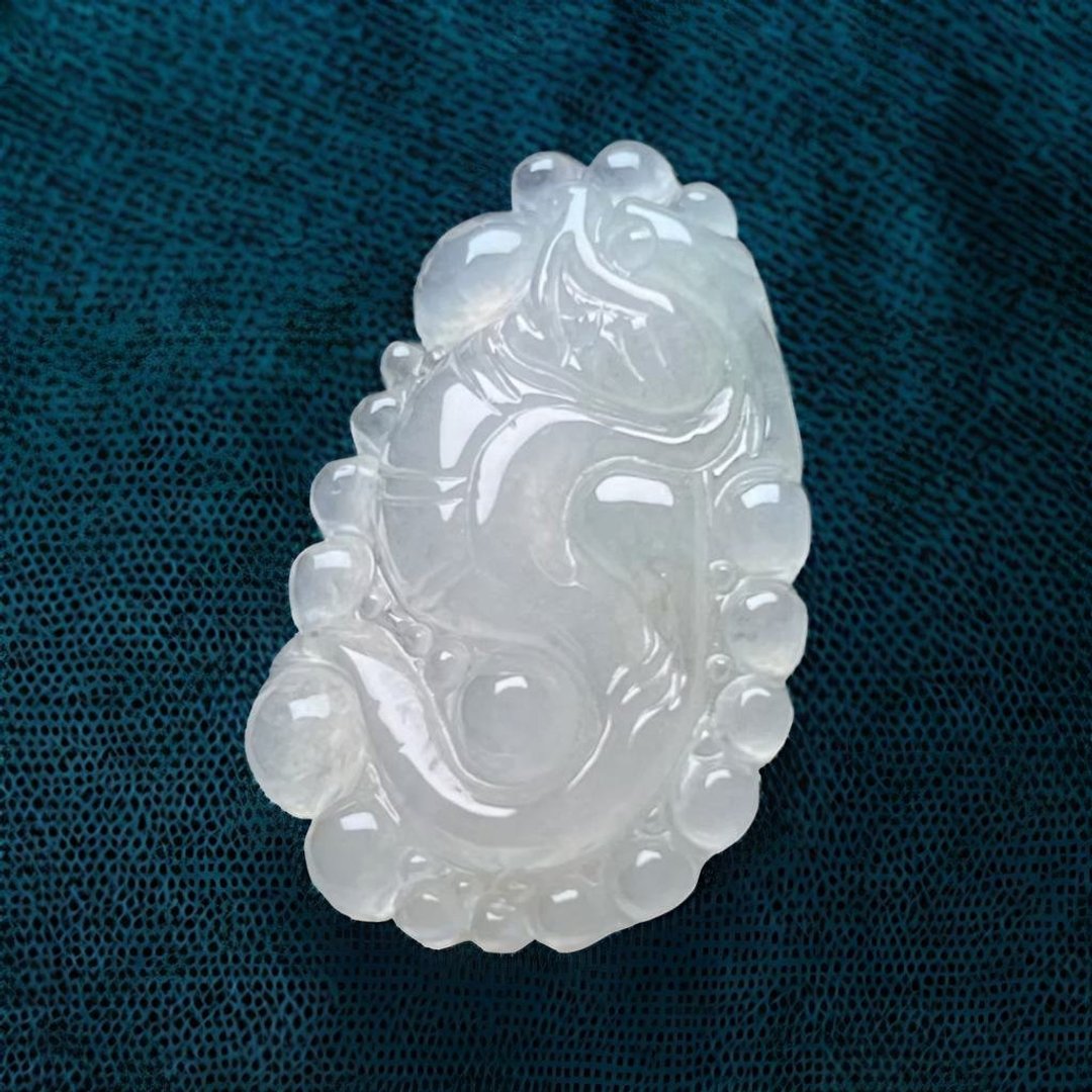 冰种翡翠怀古龙牌 | 天然缅甸玉翡翠A货 | 送礼 - 项链 - 玉石 白色