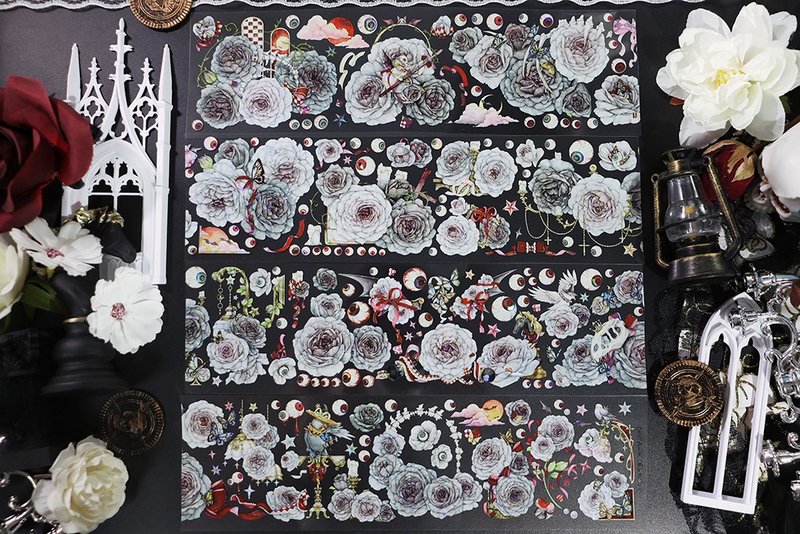 整卷OKMT新七天流麻咕卡暗黑风花卉贴纸PET手帐手账胶带 幽瞳花影 - 纸胶带 - 塑料 灰色