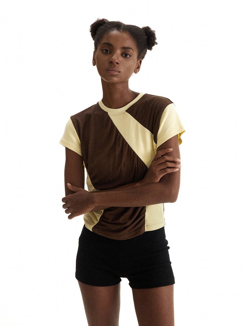Geometry Pleated T-shirt 几何撞色抽褶短袖T恤 - 女装 T 恤 - 其他材质 咖啡色