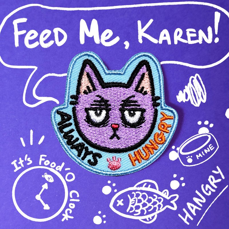 Always Hungry Cat Embroidery Patch in velcro and iron on - 其他 - 绣线 紫色