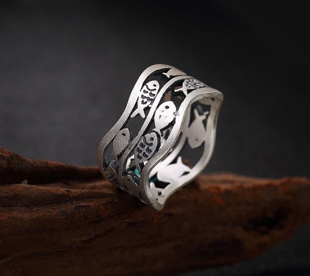 Real 990 Fine Silver Women Dress Jewelry Vintage Ethnic Hollow Wide Finger Ring - 戒指 - 纯银 银色