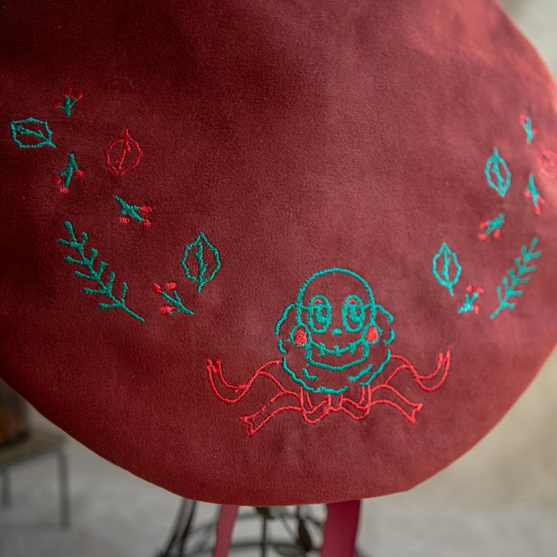 圣诞礼物 客制英文刺绣  贝雷帽  画家帽  双面帽  手作 - 帽子 - 其他材质 红色