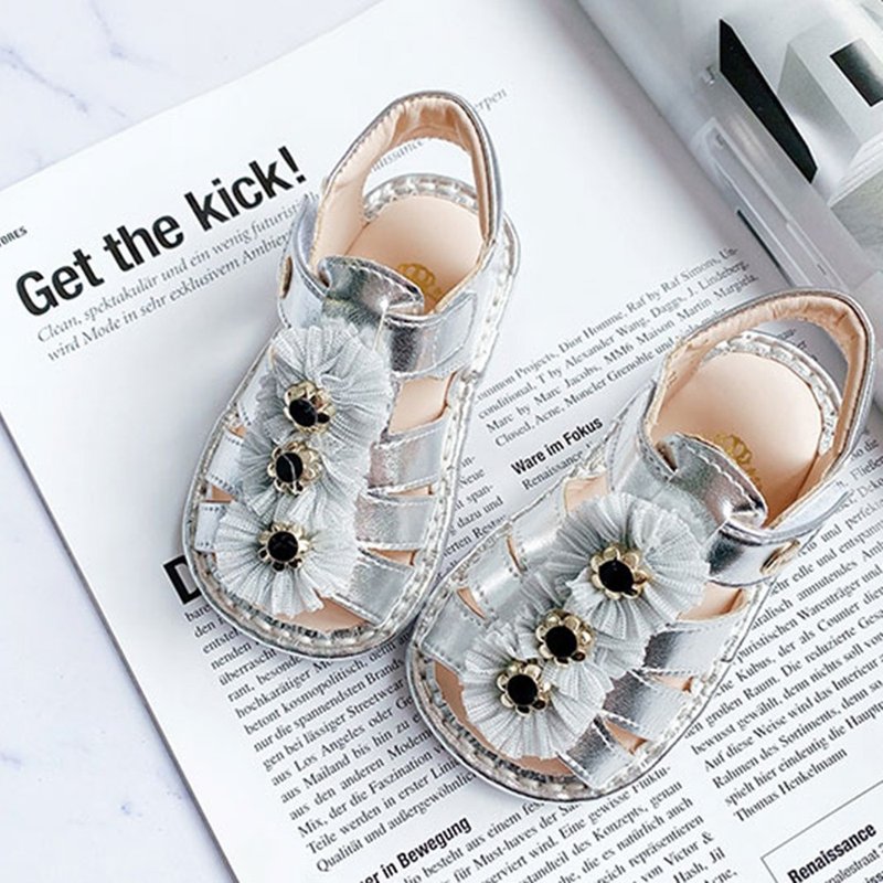 三朵小花宝宝凉鞋1594-银色 - 婴儿鞋 - 人造皮革 银色