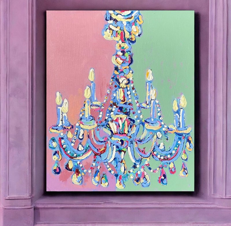 现代枝形吊灯在画布面板上的原创油画墙面装饰抽象艺术 - 墙贴/壁贴 - 其他材质 粉红色