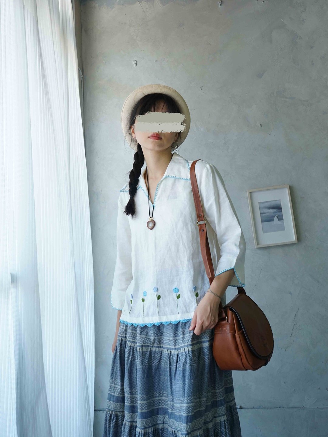 寻宝古着 - 纯白色亚麻刺绣小花人字缝开襟八分袖上衣 - 女装上衣 - 亚麻 白色