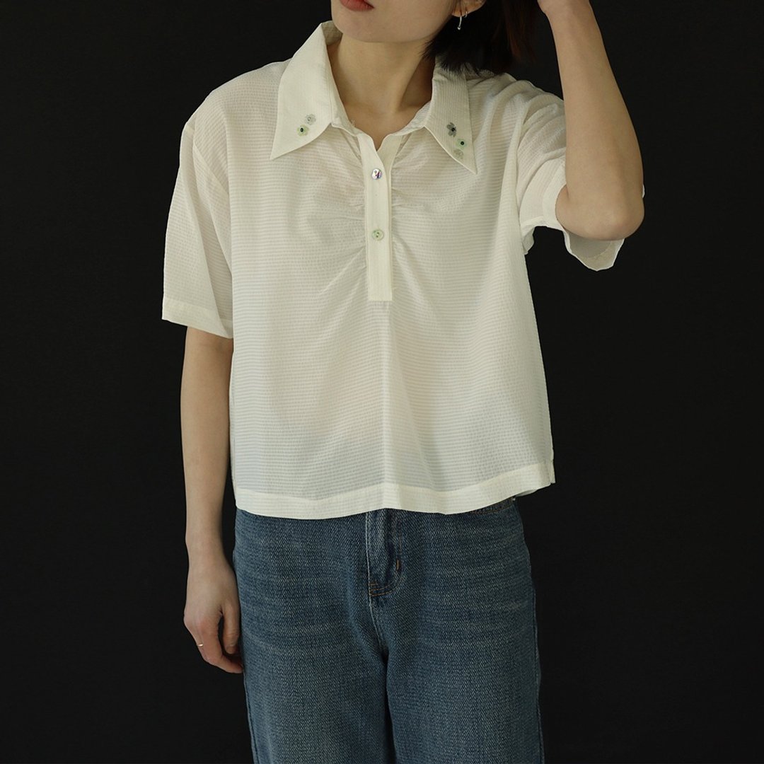 手工领口绣珠短衬衫 真丝短袖上衣 - 女装上衣 - 丝．绢 