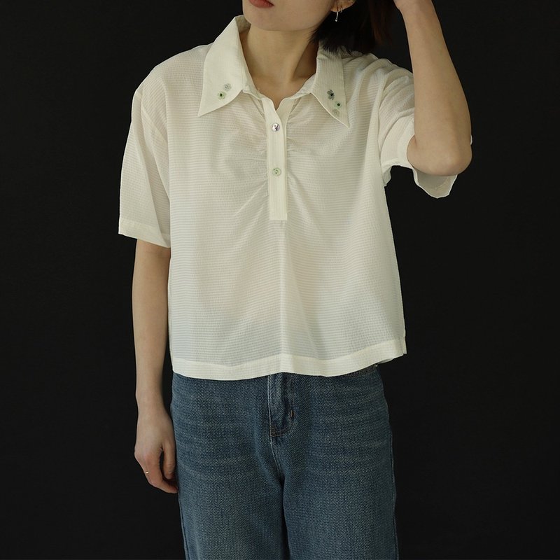 手工领口绣珠短衬衫 真丝短袖上衣 - 女装上衣 - 丝．绢 