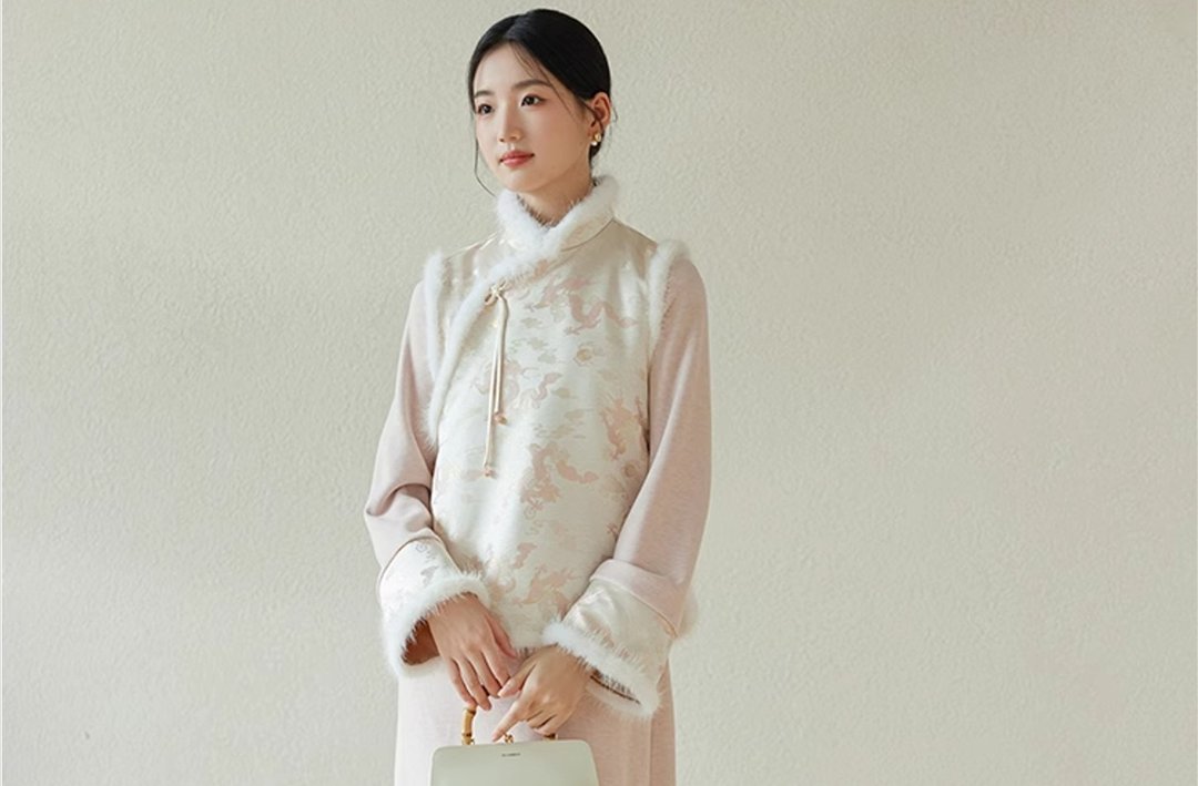 新中式中国风 斜襟提花水貂毛保暖背心 - 女装背心 - 其他材质 粉红色