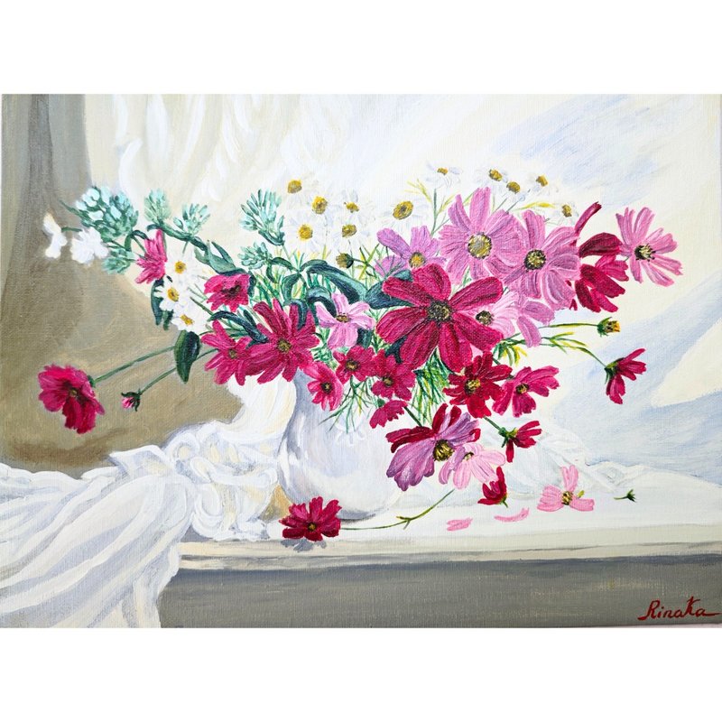 瓶中插着粉色大波斯菊的花束 花卉静物 RinaArtSK 原创艺术作品 - 墙贴/壁贴 - 其他材质 多色